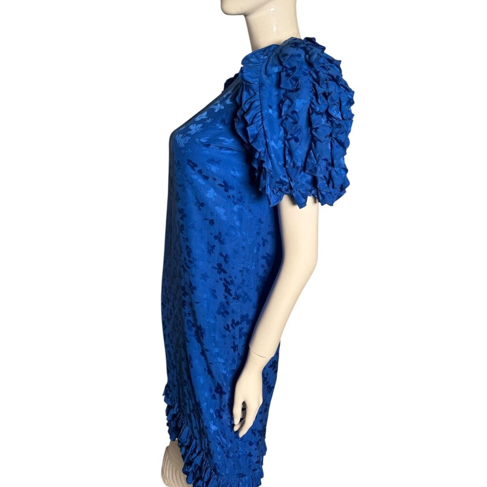 Vintage 80s Maggy London silk Dress Womens 8 Blue Jaquard Puff Sleeve Ruffle - Picture 2 of 6